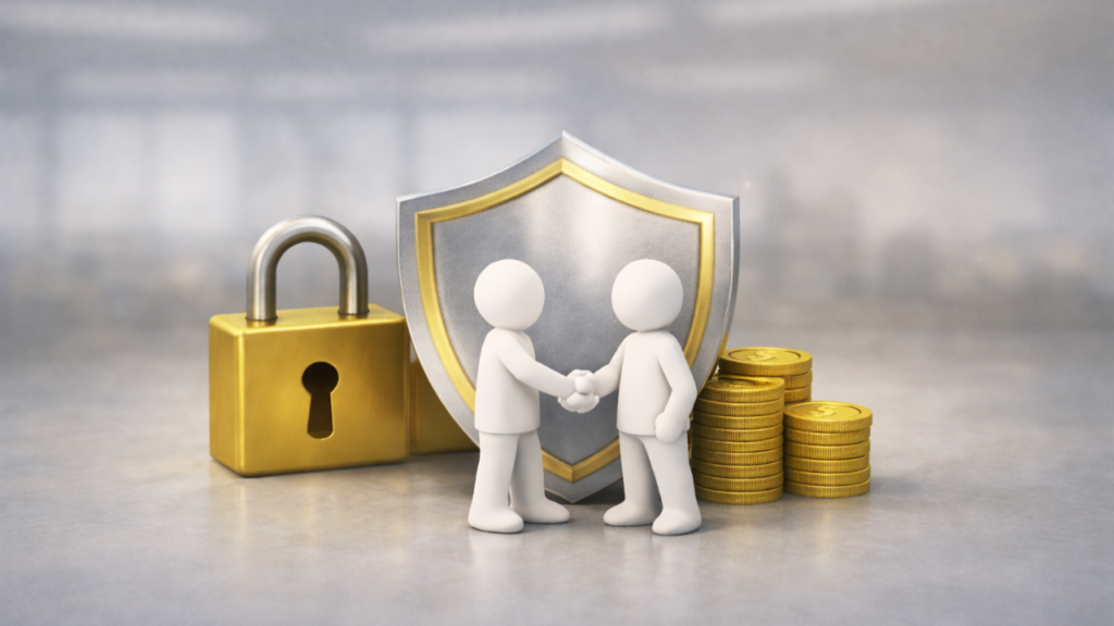 2人の人間が、手を取り合って不正のない工賃(賃金)を守っている画像