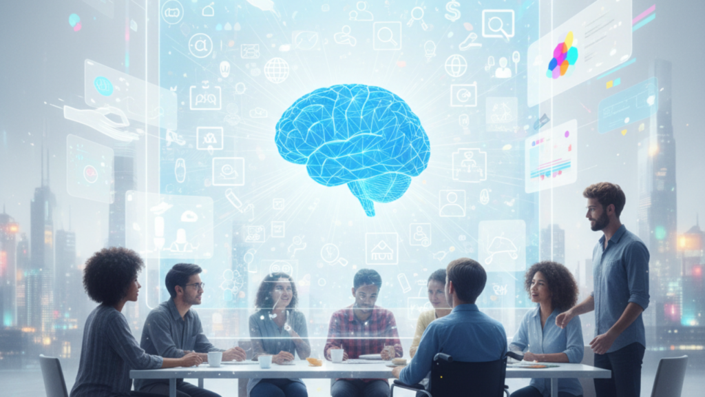 人が集まってAIでイラストやピクトグラムを作成しているイメージ画像。