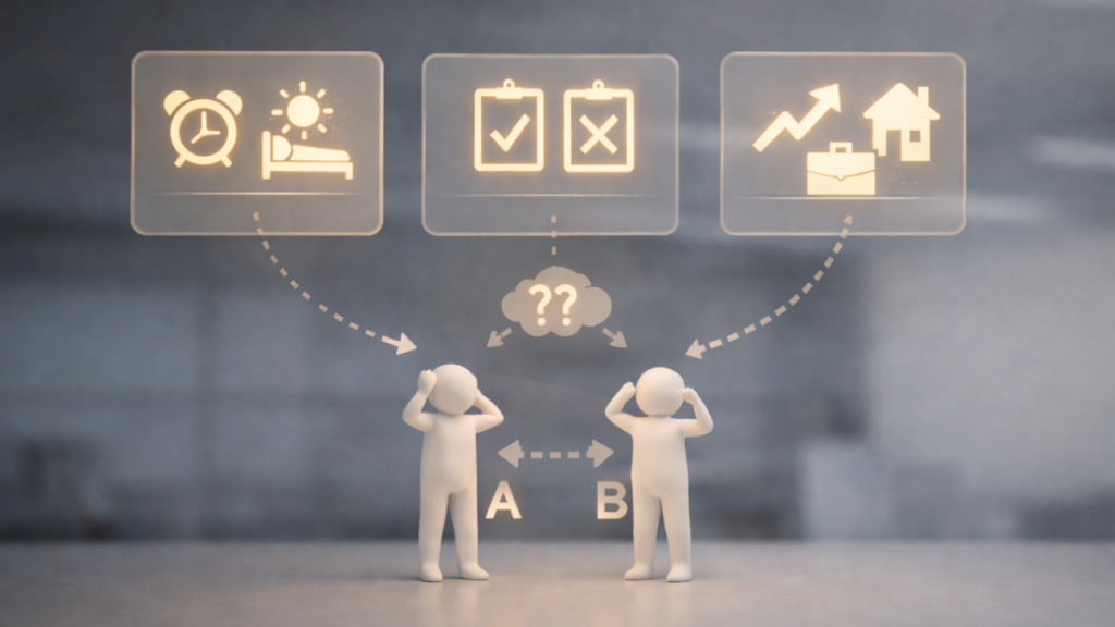 A型とB型のどちらにするか迷っているイメージの画像。