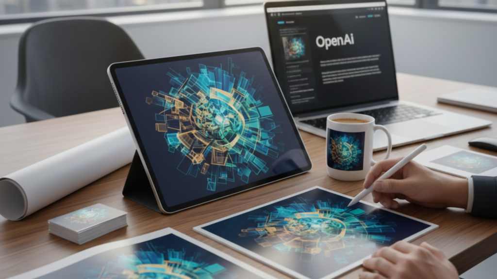 AIで作成した画像をグッズやポスターにしているイメージ画像。