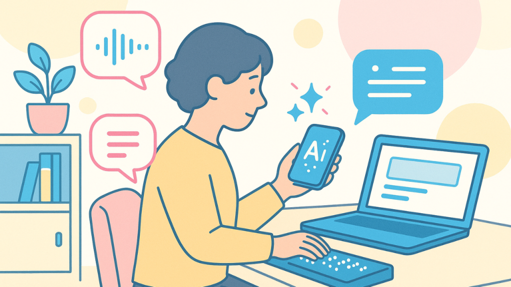 AIがパソコンやスマートフォンを通じてさまざまな支援をしている画像