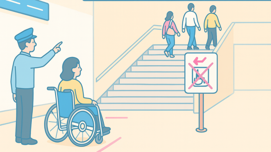 車いすユーザーが駅員に構内を案内してもらっている画像