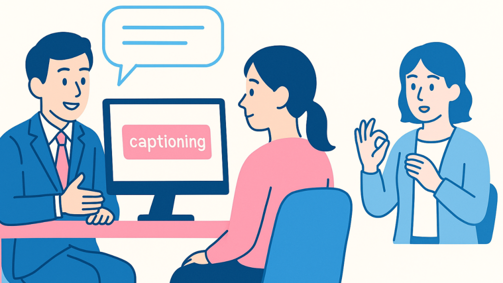 障がいのある方へ、手話をつけたりモニターに説明文を載せて理解を深めてもらおうと試みている画像