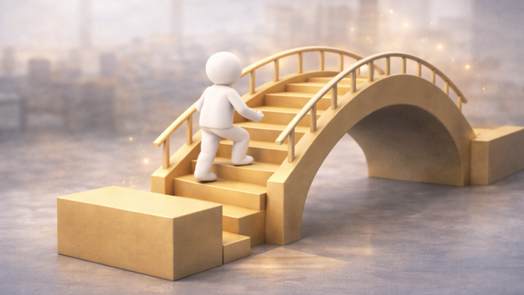 人が橋を一段一段昇っている画像