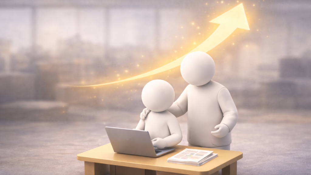 上司が部下を励まし、業績を伸ばしている画像