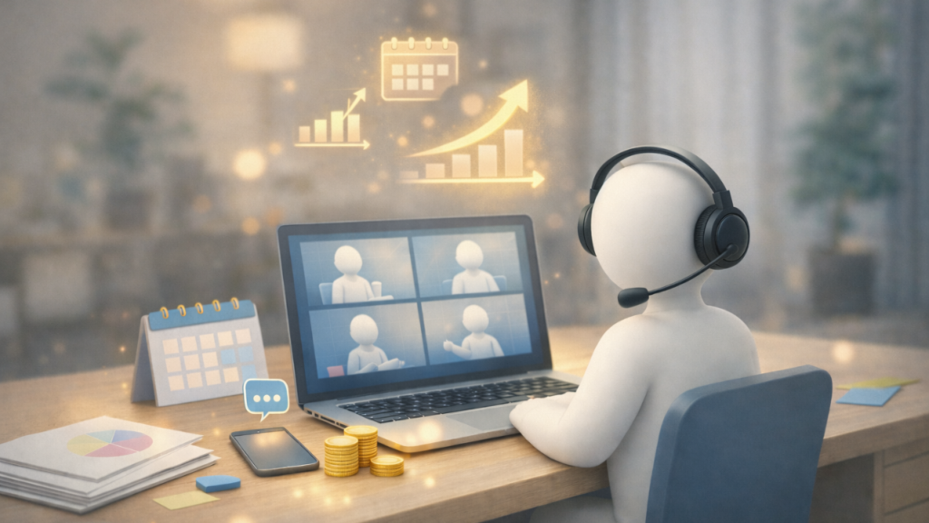 仕事先の人とリモートで相談しながら工賃を決めたり、今後のスケジュールについて決めたりしている画像