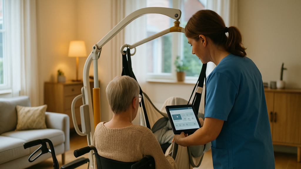 看護師が患者に検査結果などが表示されたタブレットを見せている画像