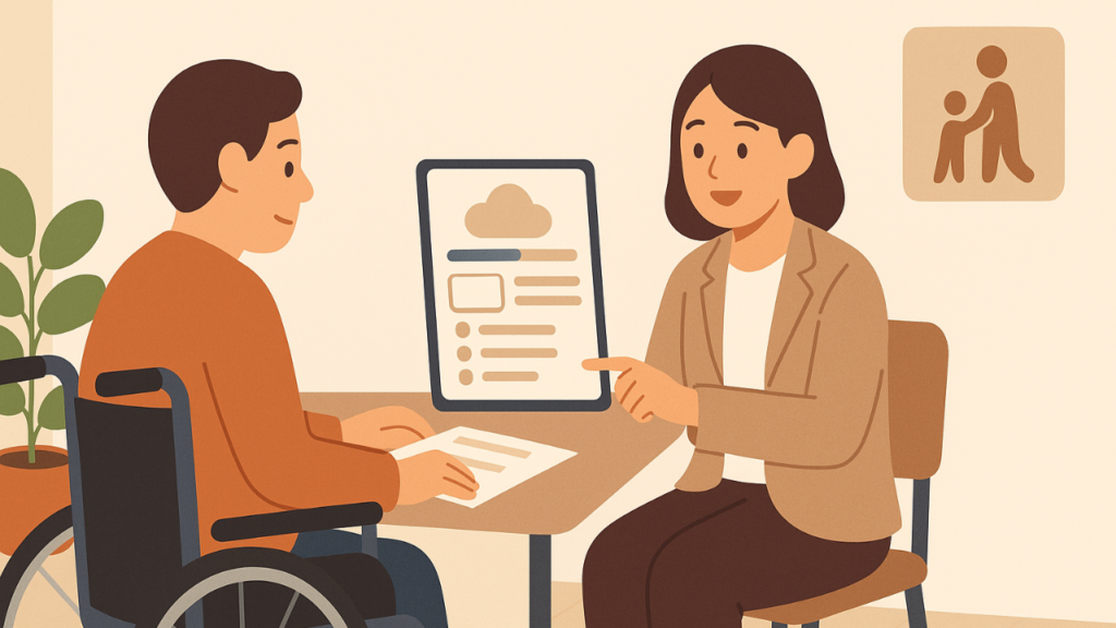 受給者に対し、申請手続きなどを親切に教えている画像