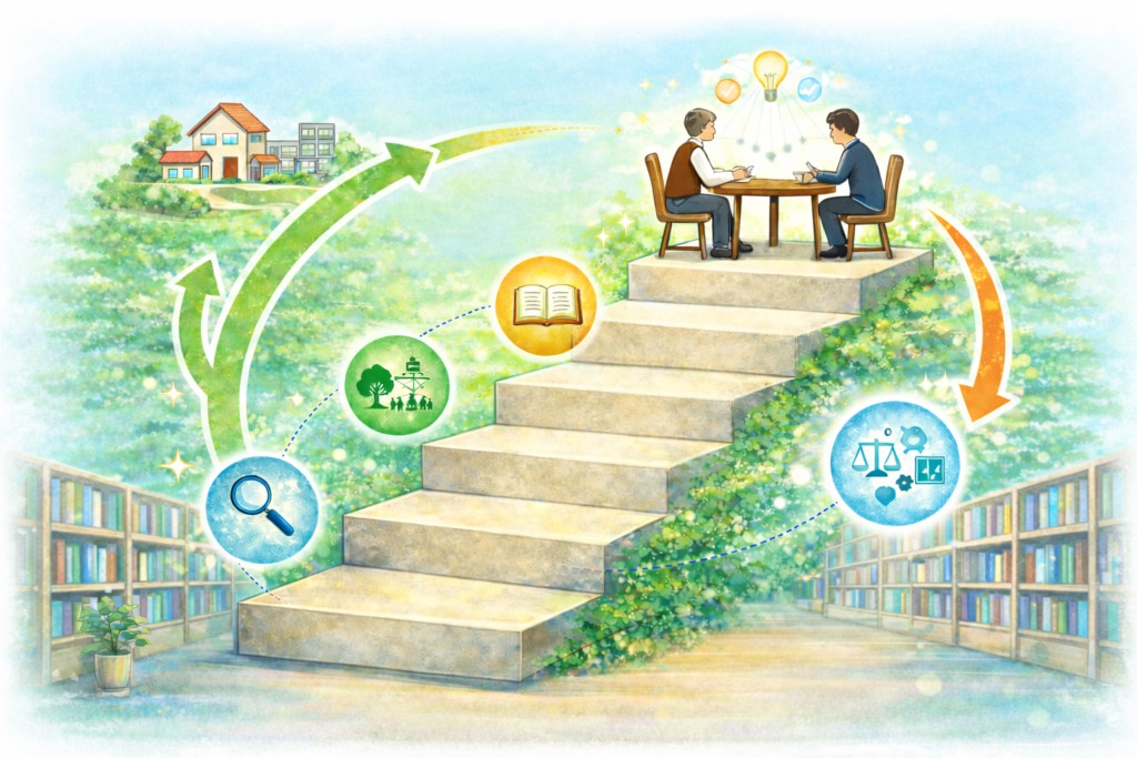 多角的な視点を持ちつつ、段階的なステップで対話していくイメージ画像