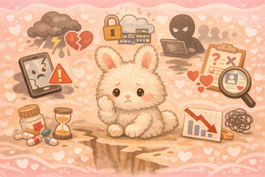 メンタルヘルス系アプリを支援に使うことのリスクを考えて、不安になっているウサギ