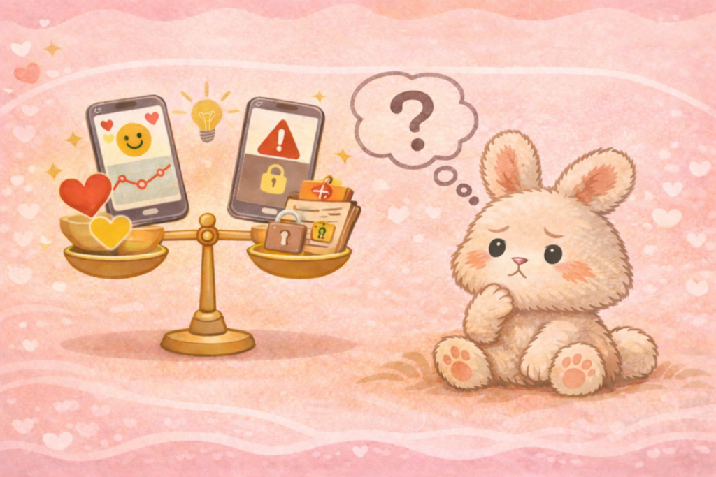 メンタルヘルス系アプリを支援に使うことのメリットとリスクを天秤にかけて、悩んでいるウサギ
