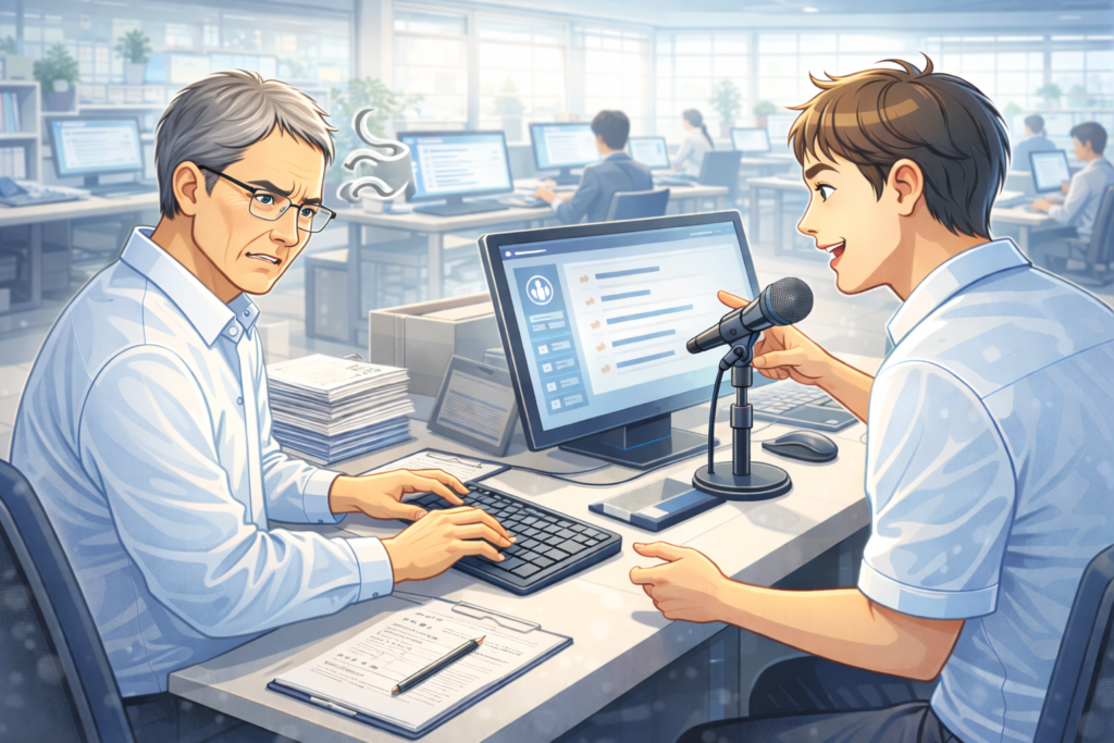 新人職員の提案にベテラン職員が困惑している様子