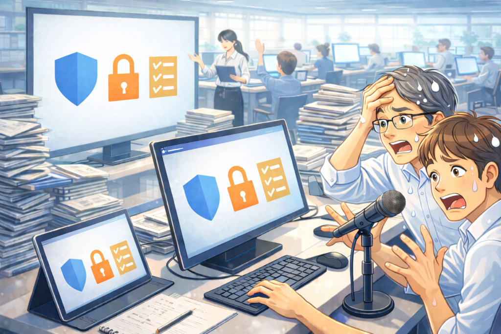 職員たちが新機能に混乱している様子