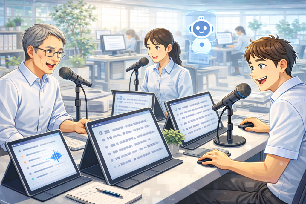 音声入力とAI と人の三者協働で職員たちがシステムを使いこなしている様子