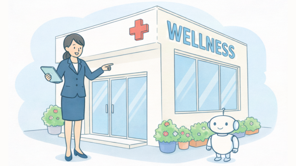 支援施設の外観と案内するスタッフ