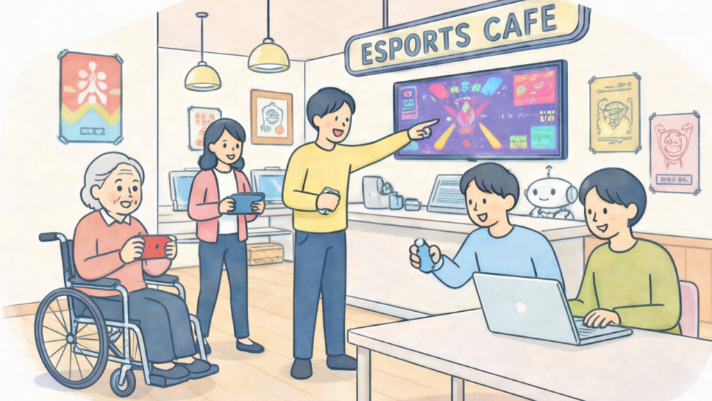 eスポーツの場で多世代が交流しながら取り組む様子