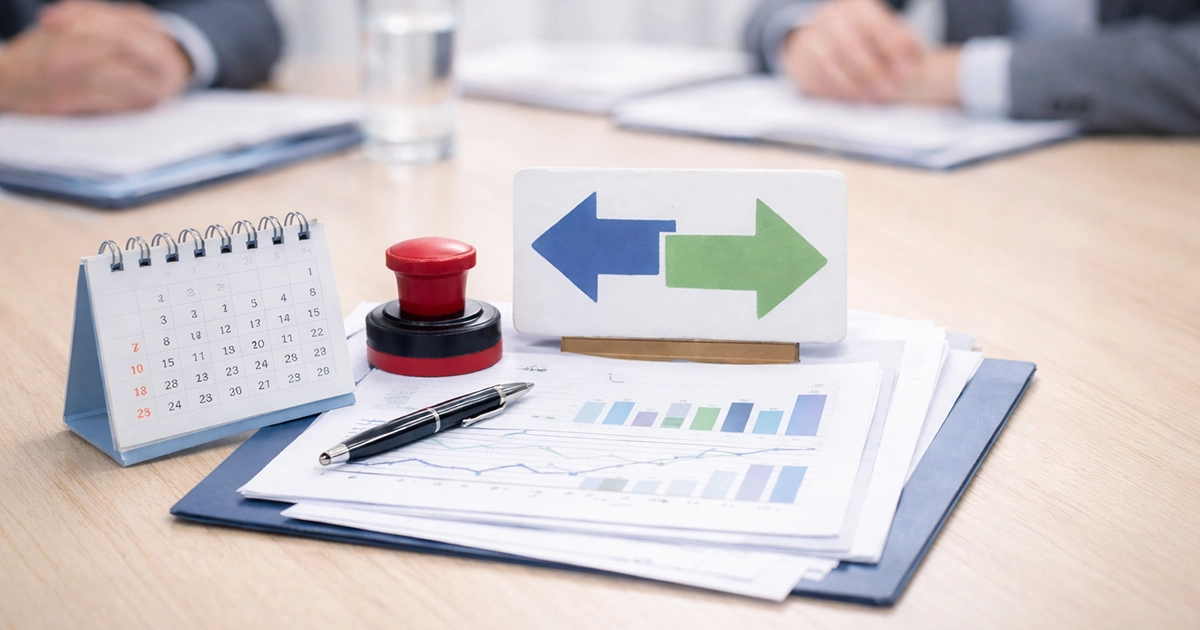 会議テーブルに置かれたカレンダーと資料、左右の矢印カード