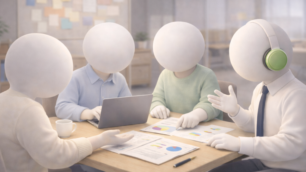 様々な人が話し合いながら仕事をしている様子