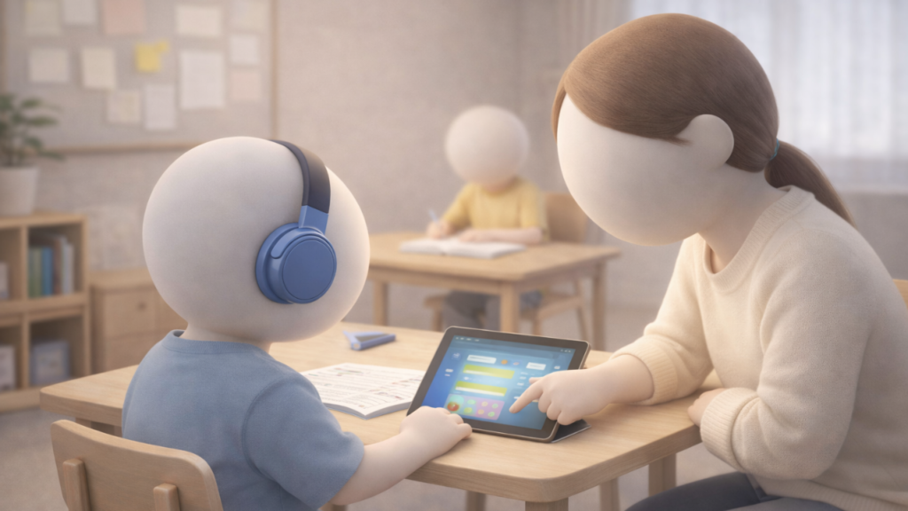 大人がタブレットを指さしイヤマフをした子供がそれを見ている様子